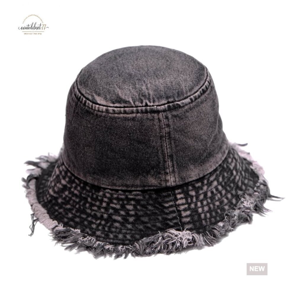 Cotton Denim Distressed Bucket Hat with Adjustable Strap and Fringe Brim